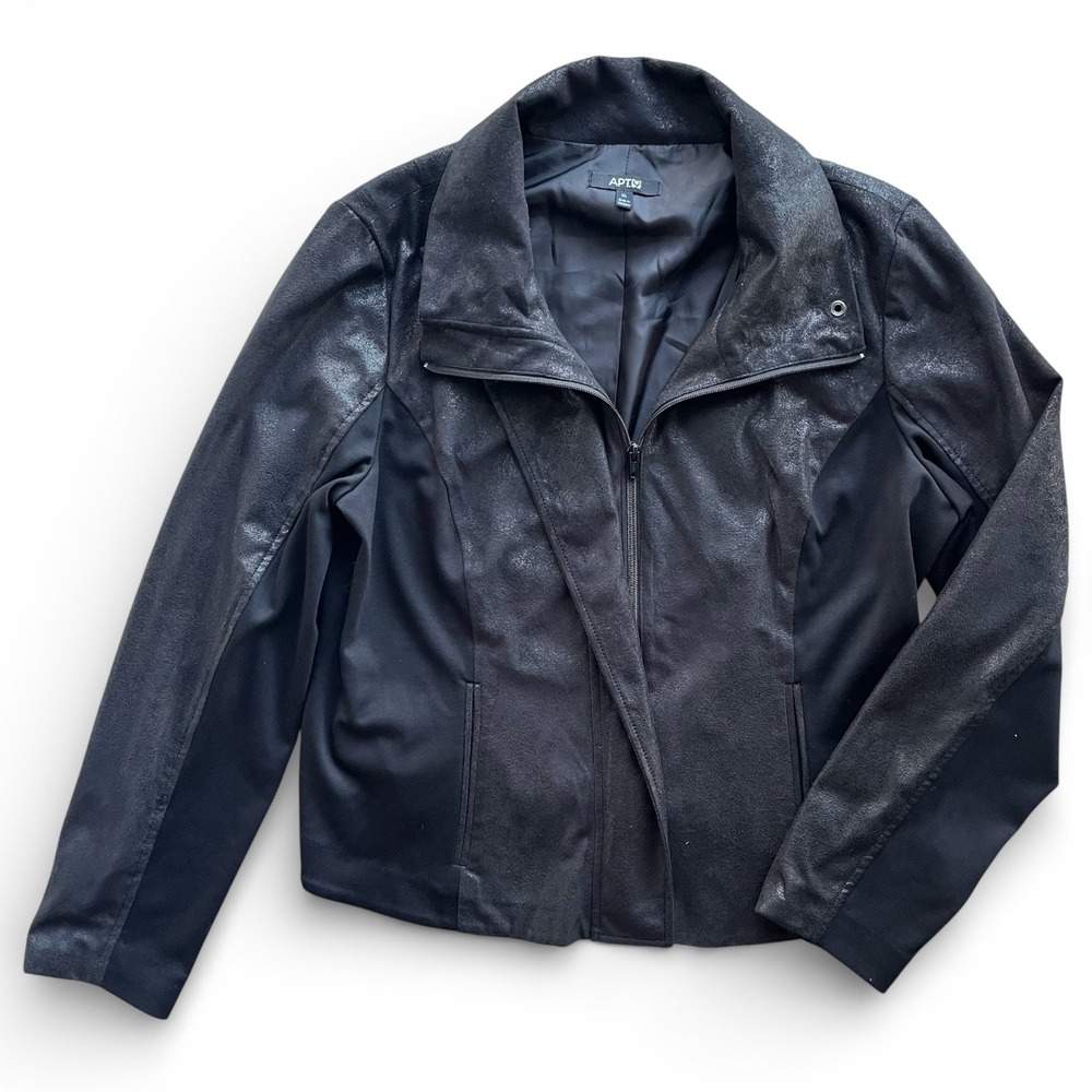 Apt. 9 XL Black Metallic Faux Leather Mix Media Zip Front Moto Jacket Grunge Y2K